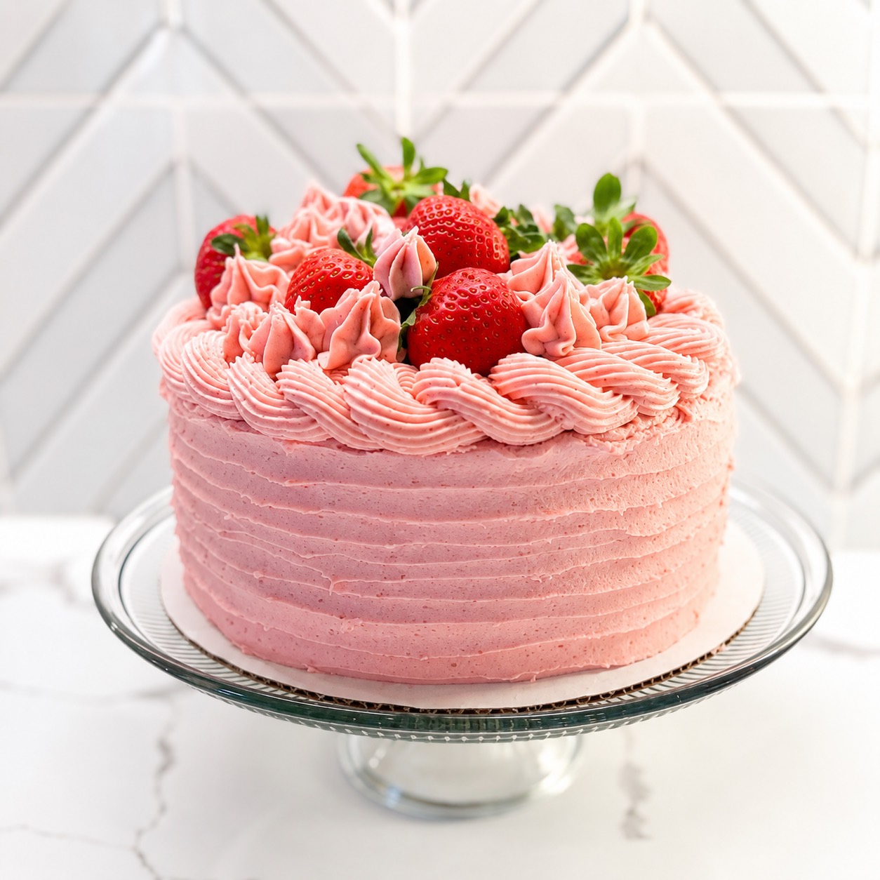 Strawberry cake with piped buttercream and fresh strawberries